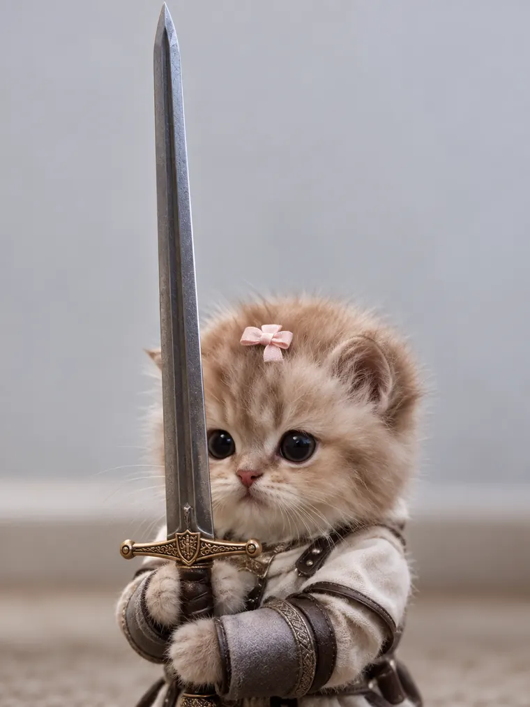 Close-up of the armored kitten holding its sword, pink bow on its head.