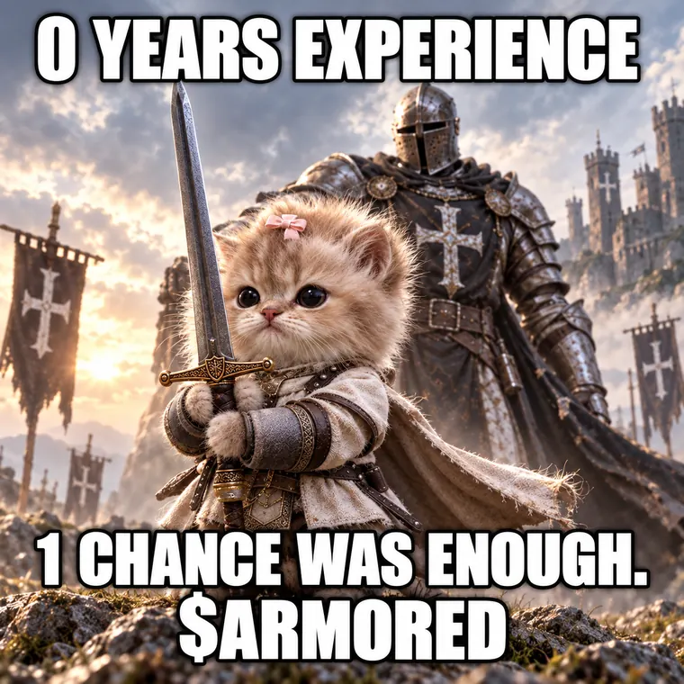 Armored kitten holding a sword. 0 years experience. 1 chance was enough.