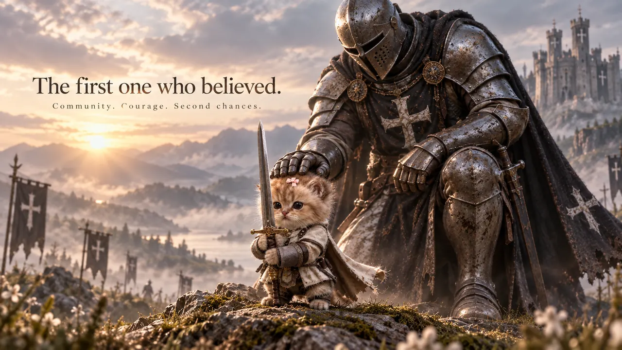 The knight kneels beside the kitten. The first one who believed.