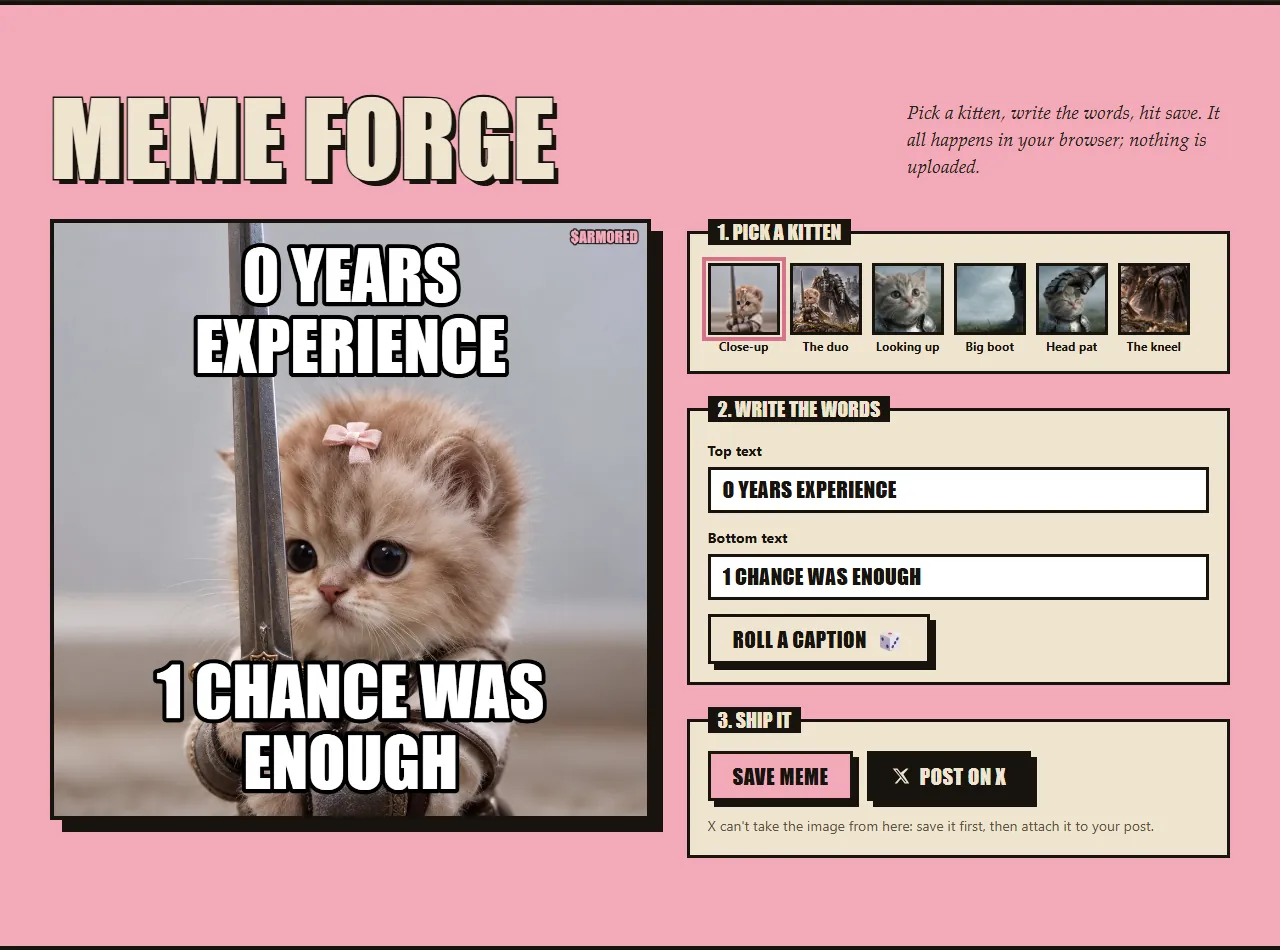 The meme forge: a kitten picture with top and bottom text, and controls to pick a kitten, write the words and save or post.
