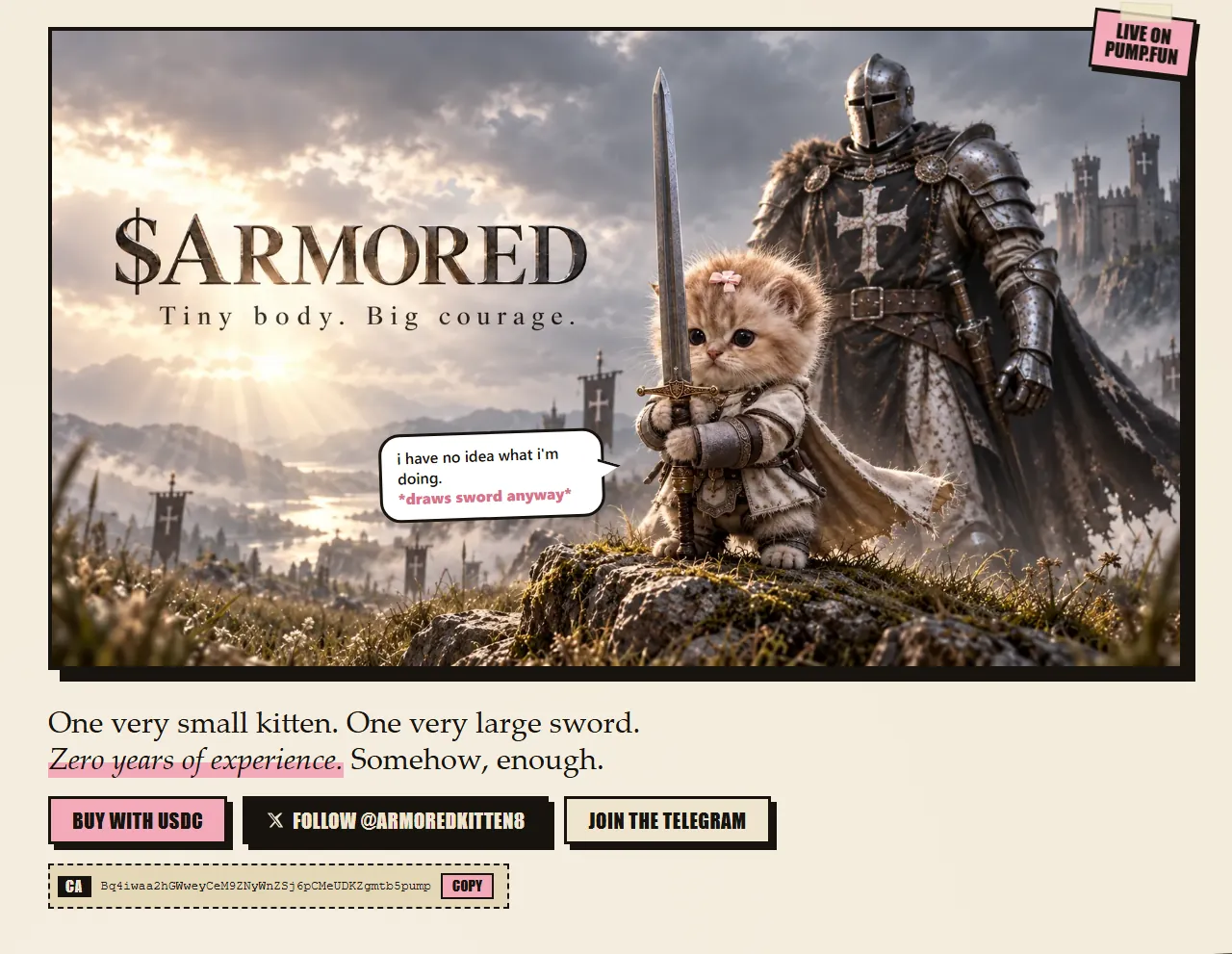 The Armored Kitten page: a tiny kitten in silver armor holds a sword in front of a giant knight, with buttons to buy with USDC, follow on X and join the Telegram.