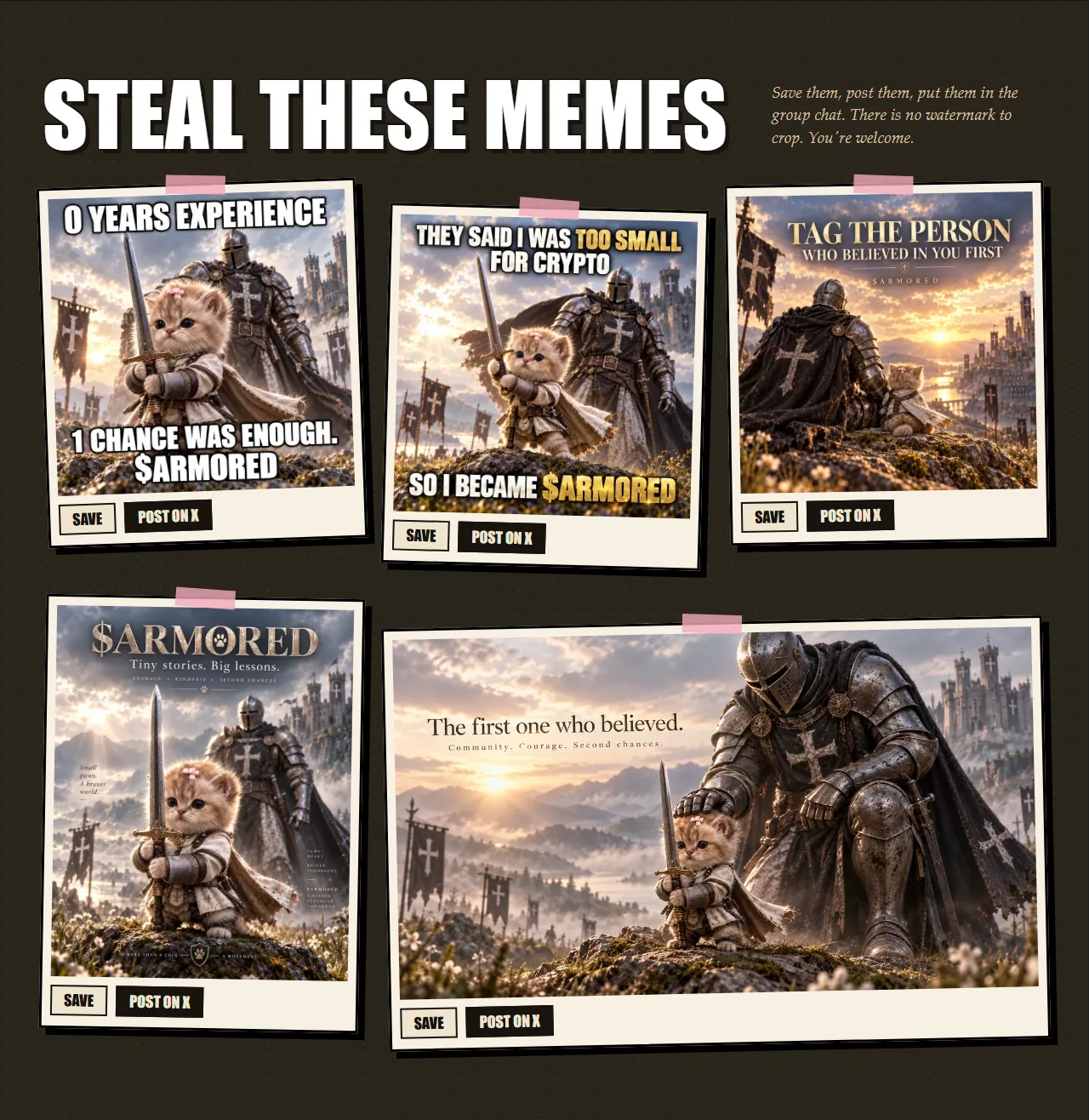 The meme wall: five Armored Kitten memes, each with a Save button and a Post on X button.