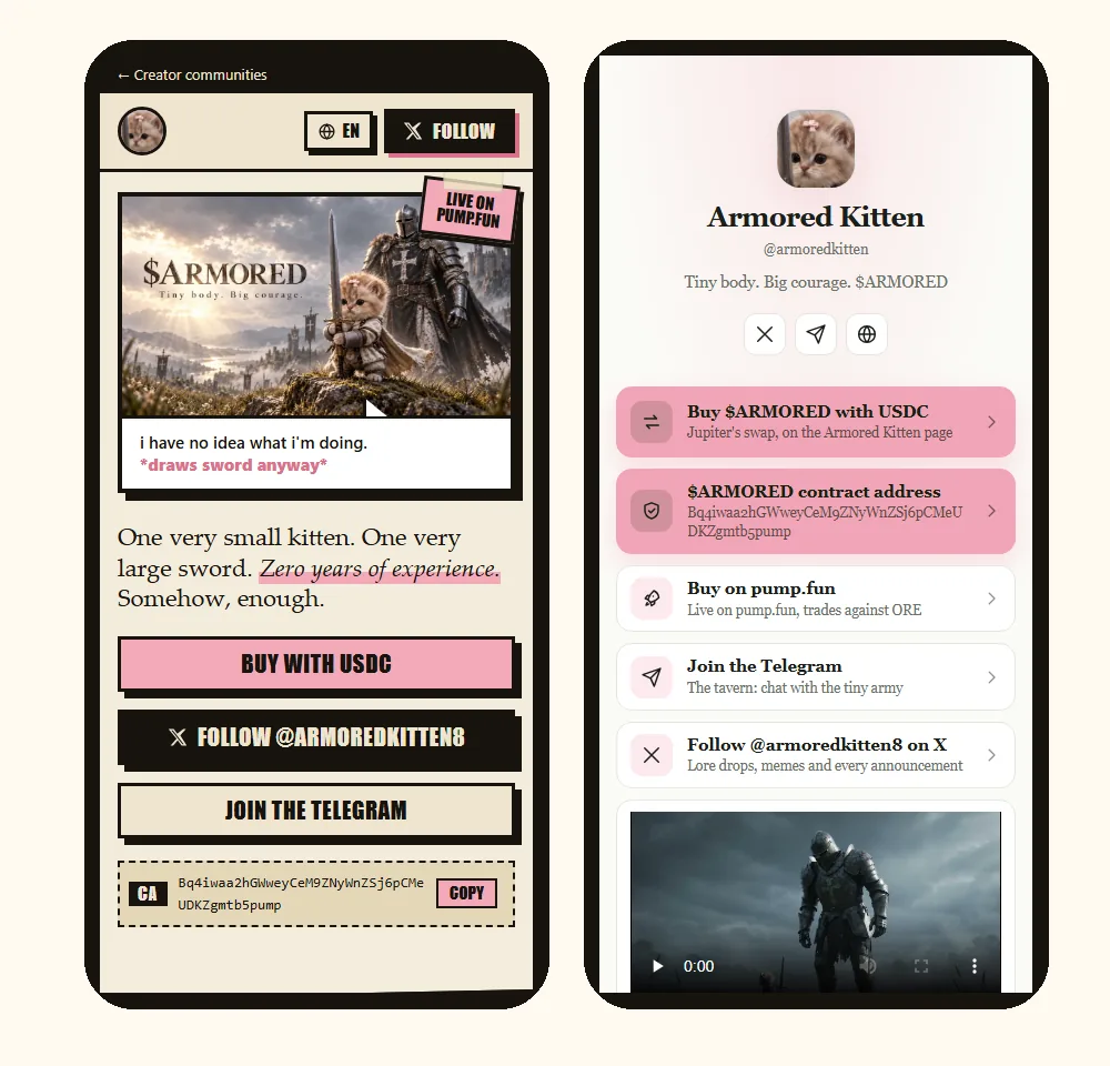 Two phone screenshots: the Armored Kitten page and the Armored Kitten Link page with its official links.