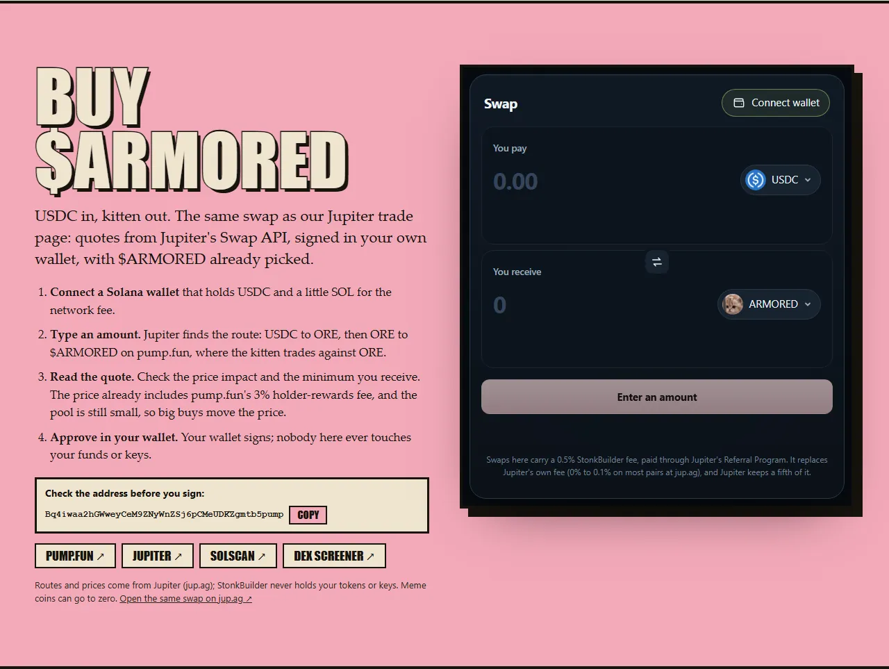 The Buy $ARMORED section: four short steps on the left and a swap card on the right, paying USDC and receiving ARMORED.
