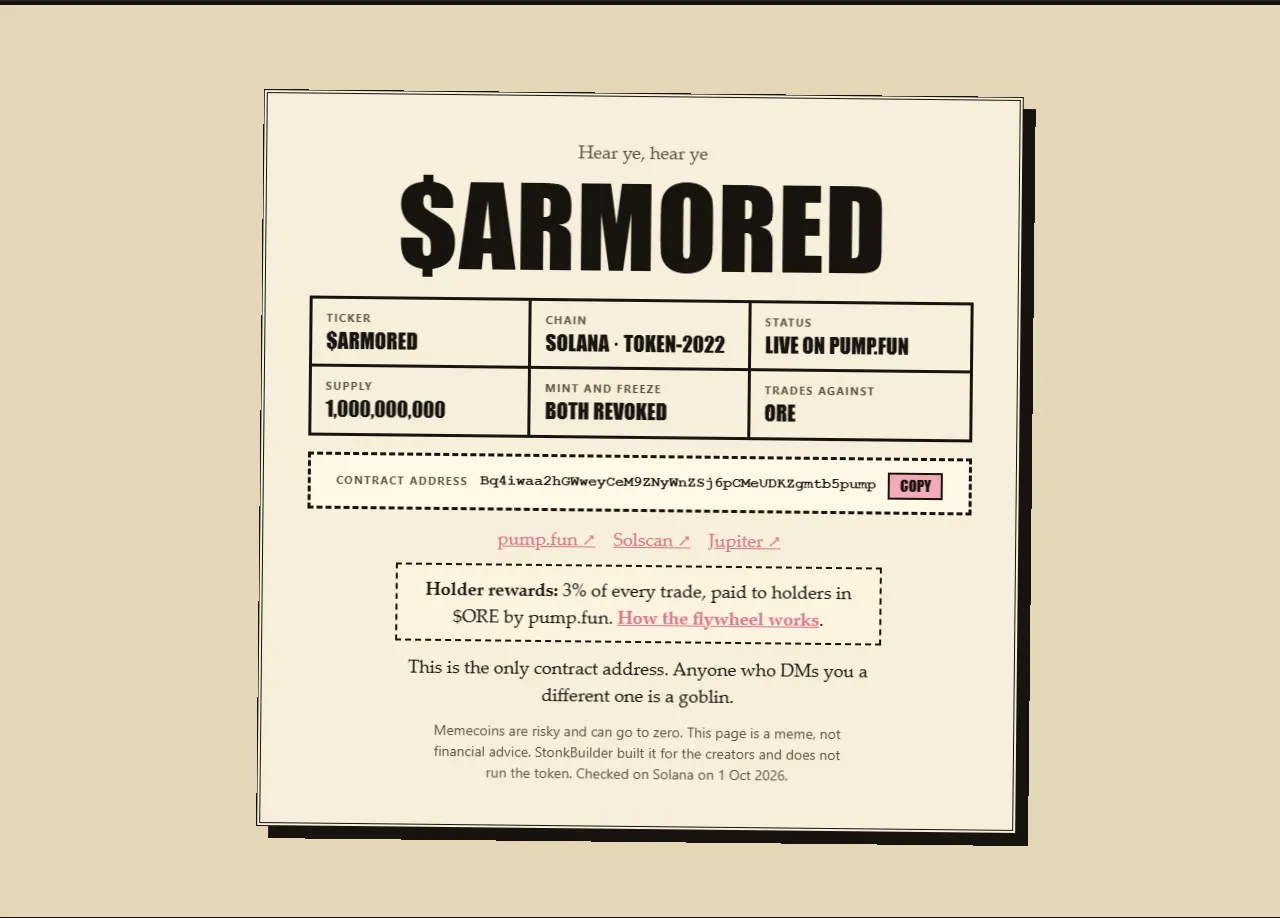 The $ARMORED token card on the Armored Kitten page: ticker, chain Solana Token-2022, supply, mint and freeze both revoked, trades against ORE, and the contract address.