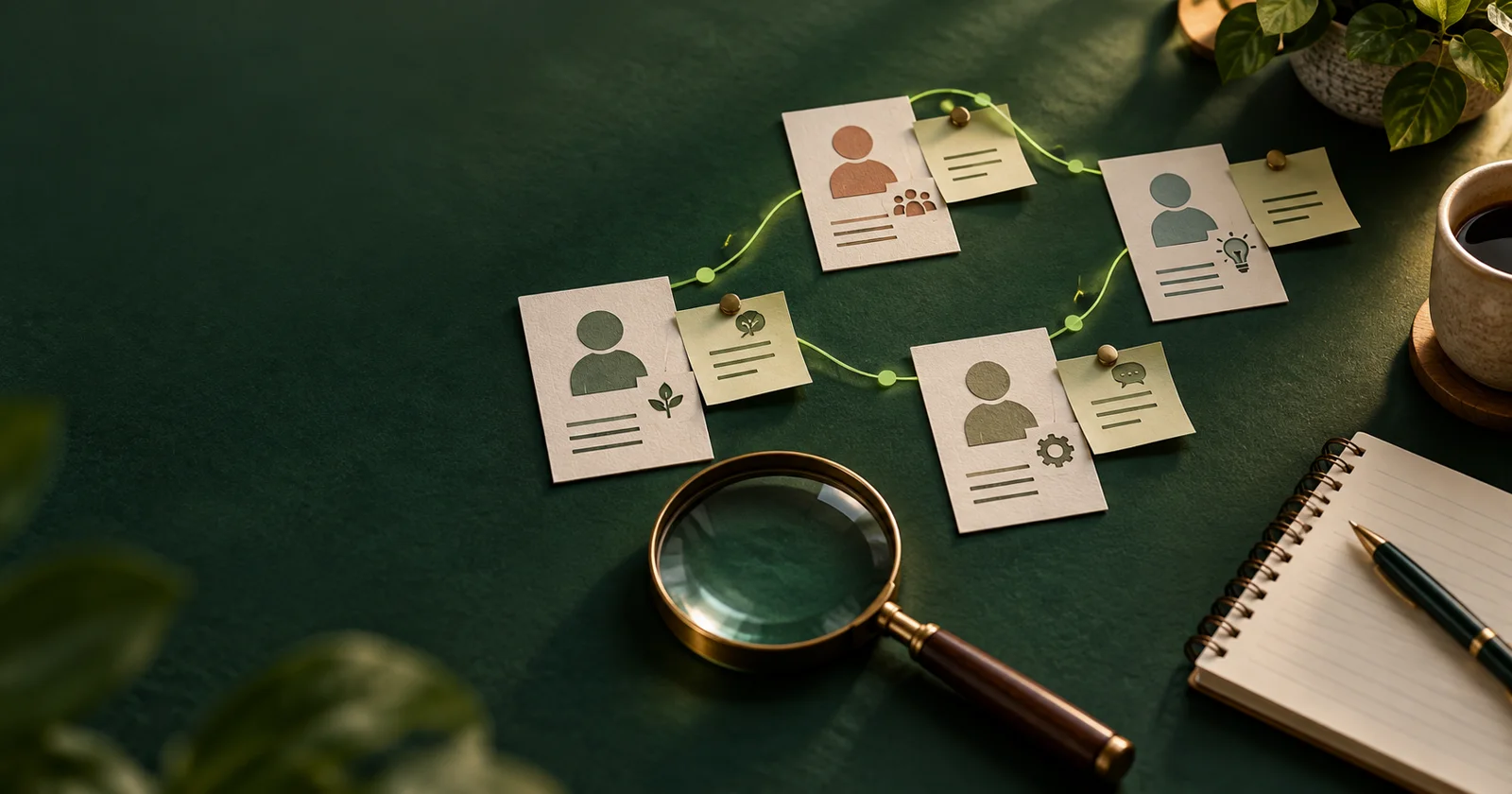 Editorial image of profile cards connected by a trail of notes and evidence