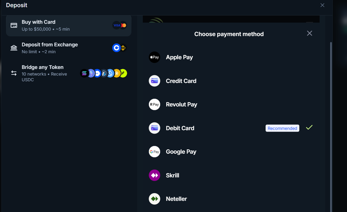 خيارات الدفع المعروضة أثناء الشراء عبر Jupiter، ومنها Apple Pay والبطاقات وRevolut Pay وGoogle Pay وSkrill وNeteller