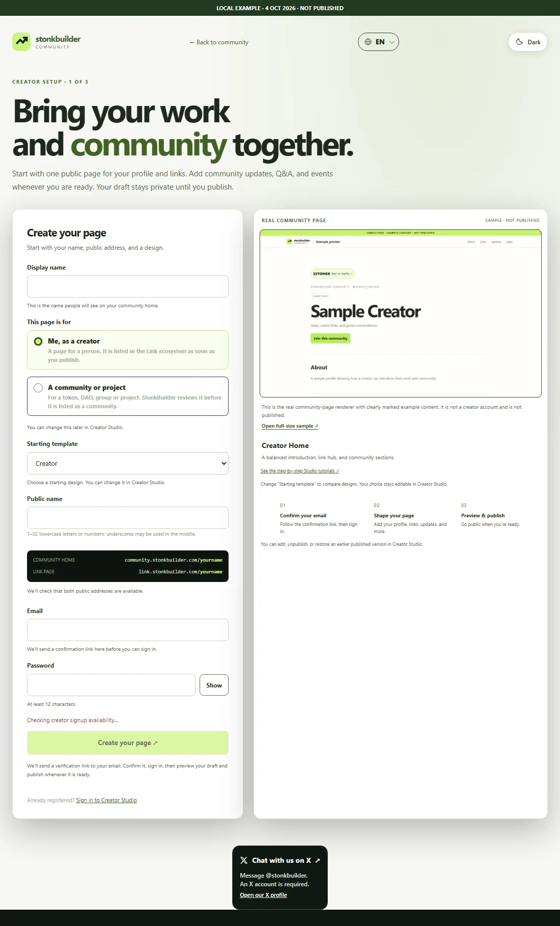 Creator signup screen with template selection and labelled account fields; no credentials entered