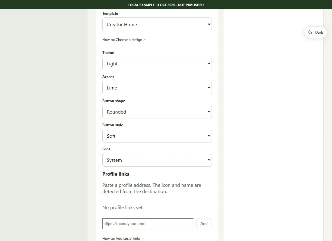 Studio design controls showing template, theme, accent, button style and font choices