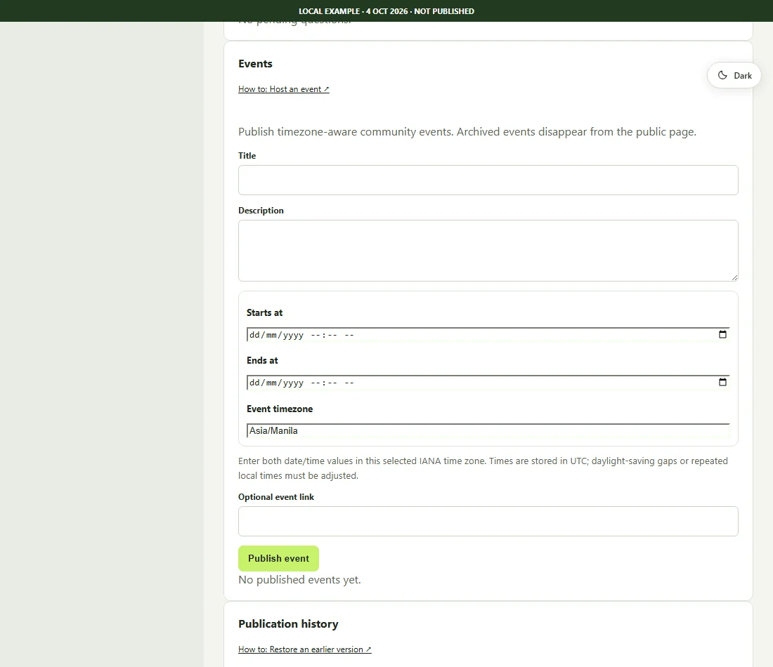 Actual Studio event form with labelled start and end times and selected IANA zone