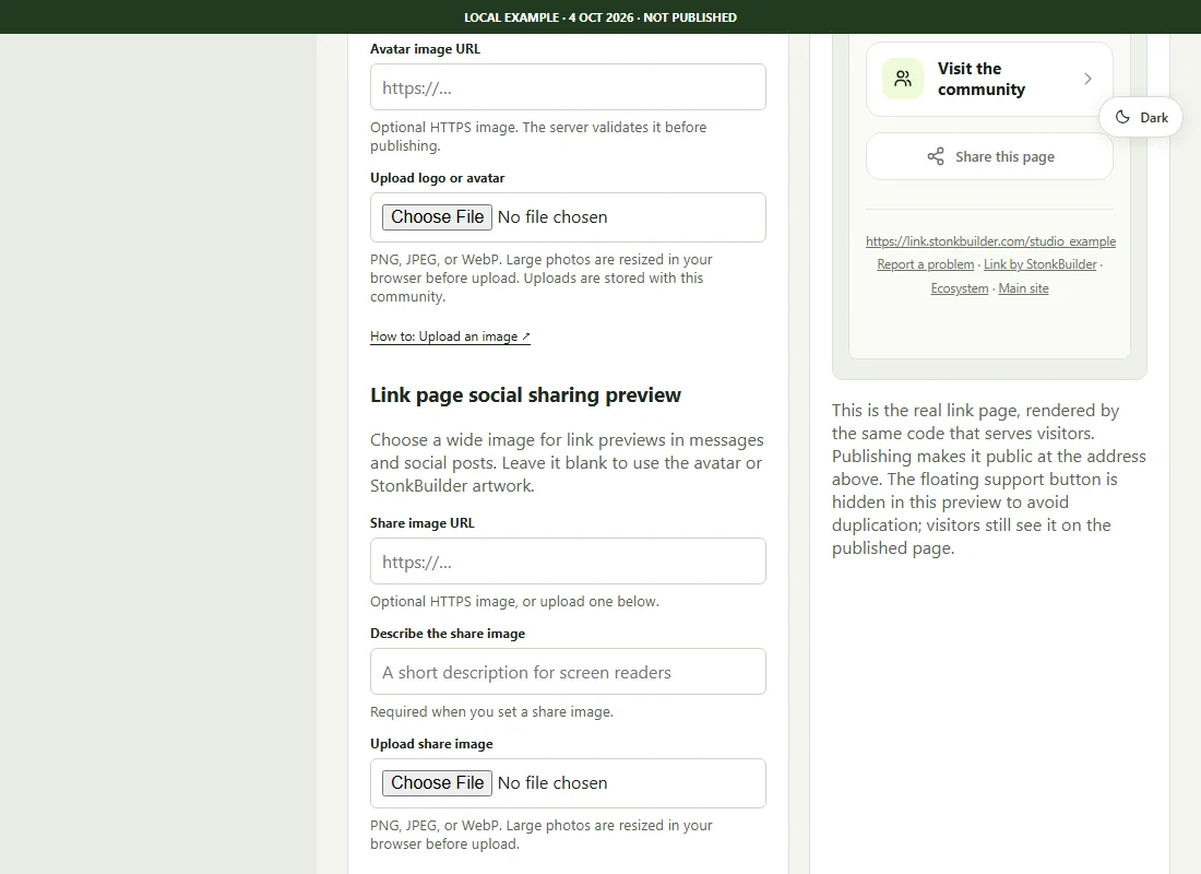 Studio avatar upload and social share image controls with the required image description field