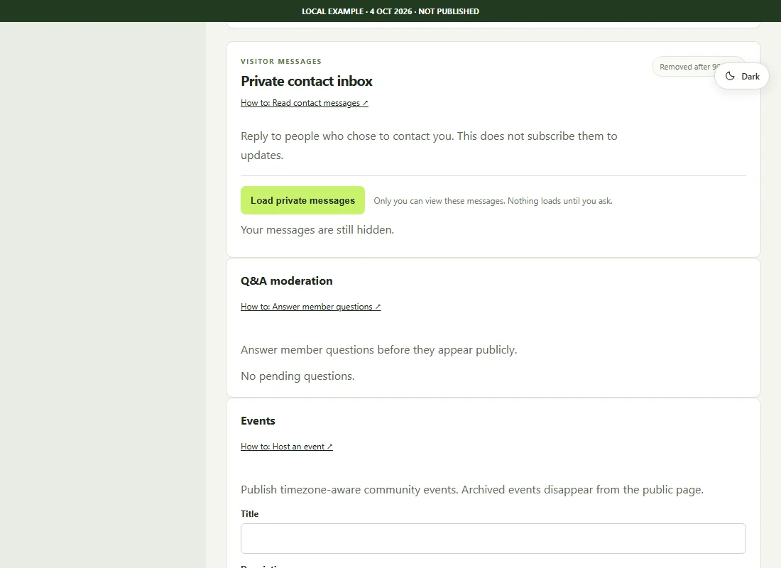 Studio private contact inbox with Load private messages and its owner-only explanation