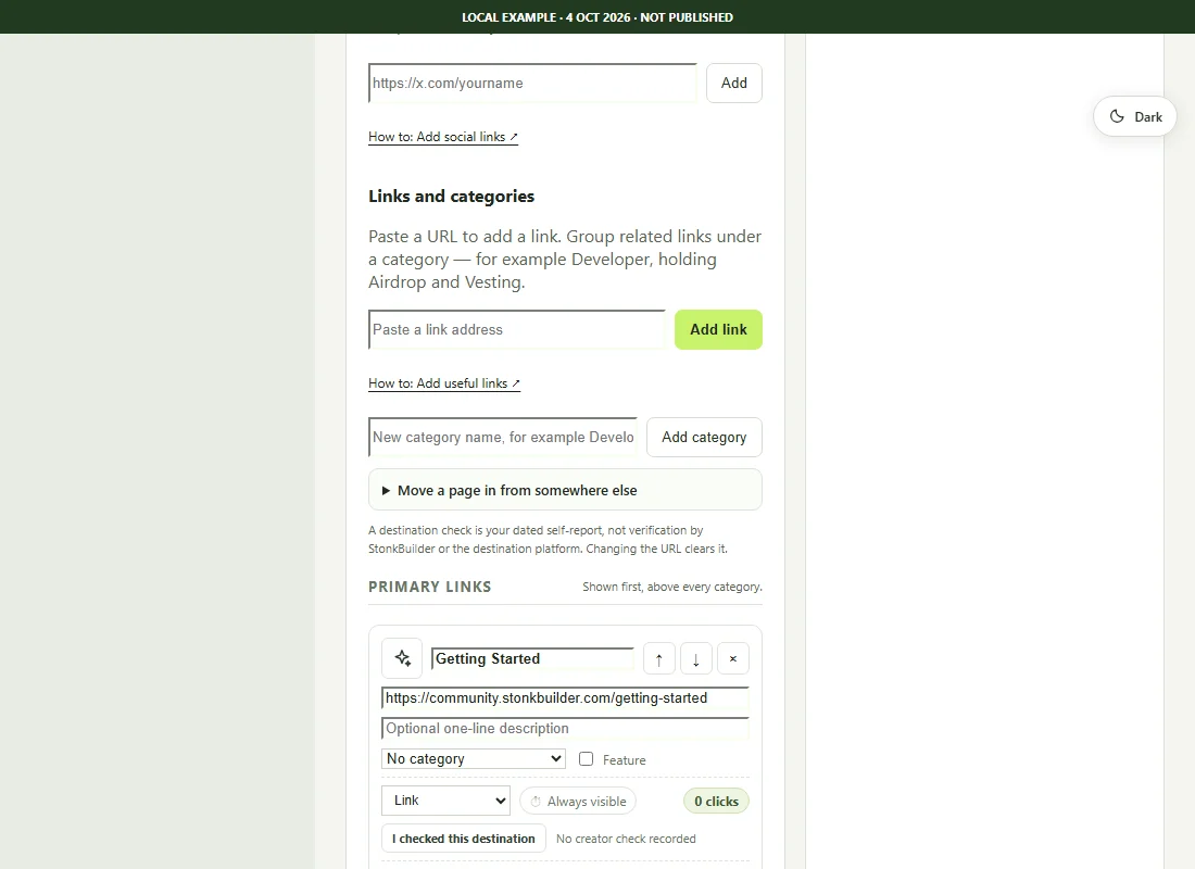 Actual Studio links editor showing the address entry, category entry and a sample resource link