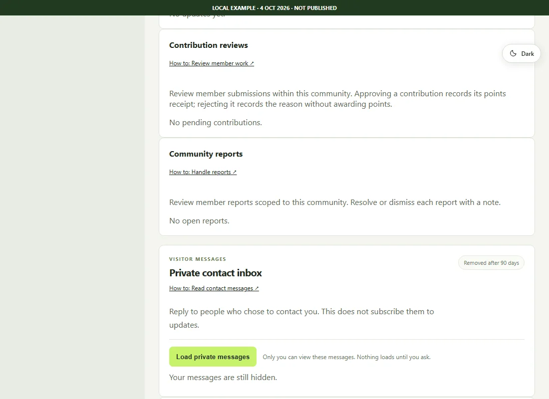 Real Studio contribution review and moderation queues with their empty-state explanations
