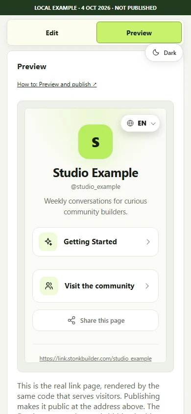 Phone view of the actual Studio Edit and Preview switch with the rendered sample page