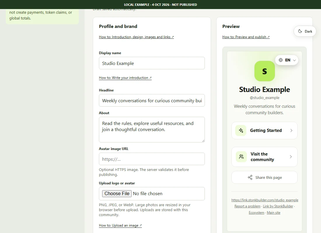 Real Studio editor showing display name, headline and About fields alongside the rendered example preview