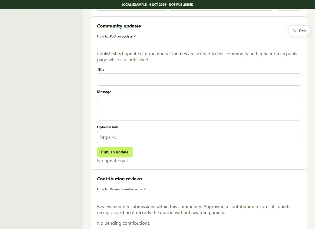 Studio update form with Title, Message, optional link and Publish update button